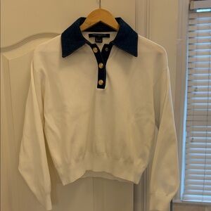 French Connection White Sweater with denim Navy Collar and Gold Buttons small